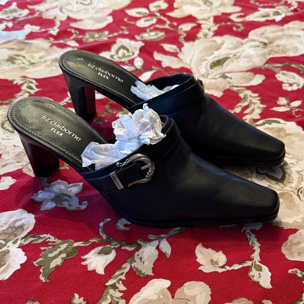 Claiborne Black Leather Heeled Mules, silver, buckle, like new